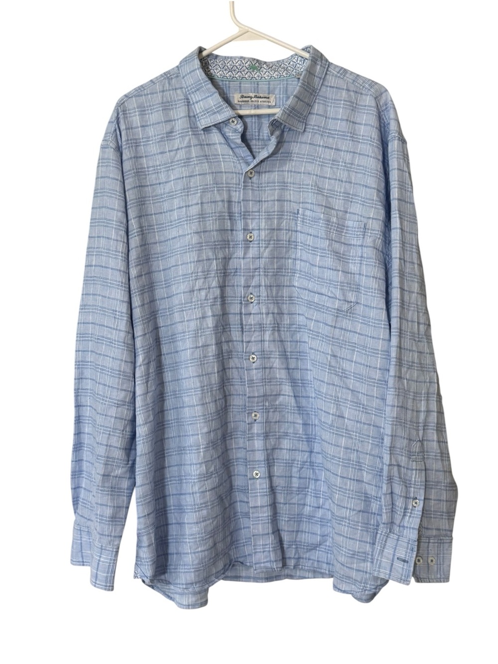 Tommy Bahama Barbados Breeze Stretch Shirt Men XXL Blue Plaid Long Sleeve Linen